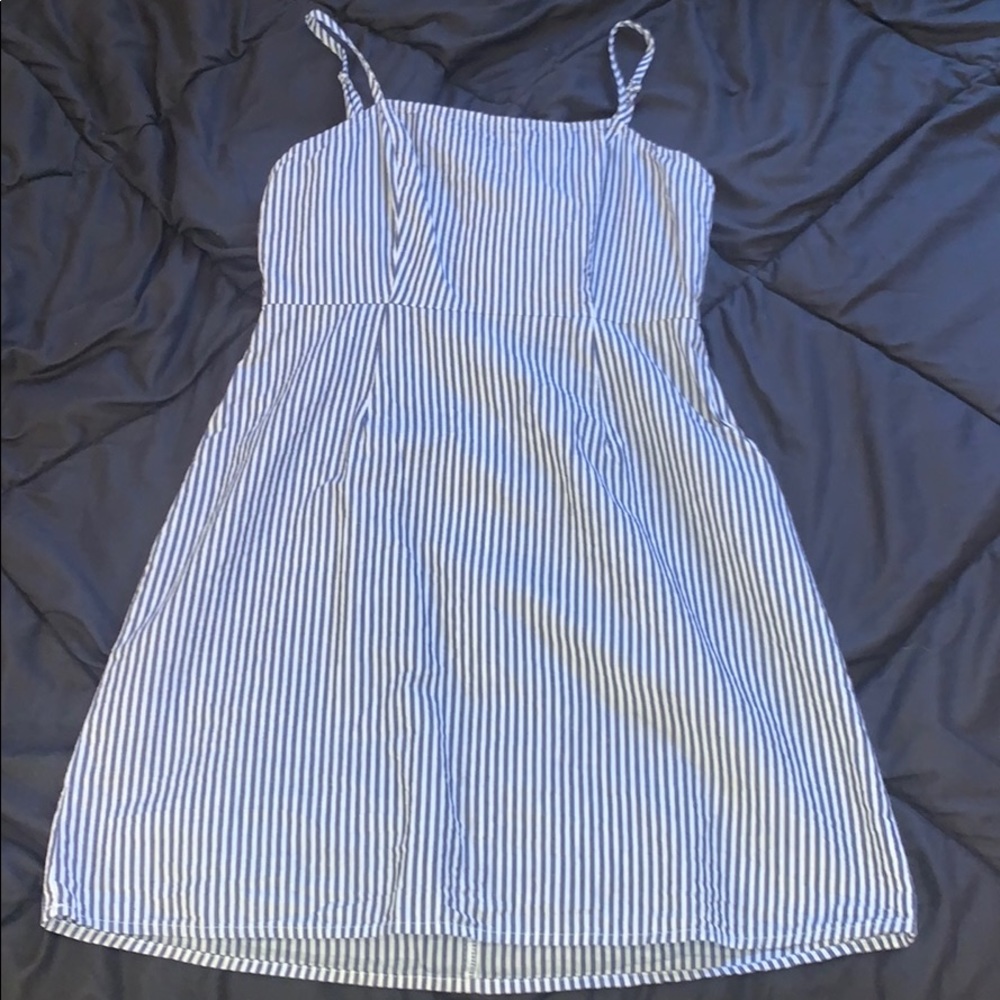 navy blue and white striped dress